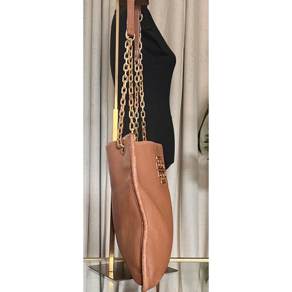 Tory Burch Tan Leather Britten Shoulder Bag With Gold Chain Strap & Logo Detail - Picture 4 of 9